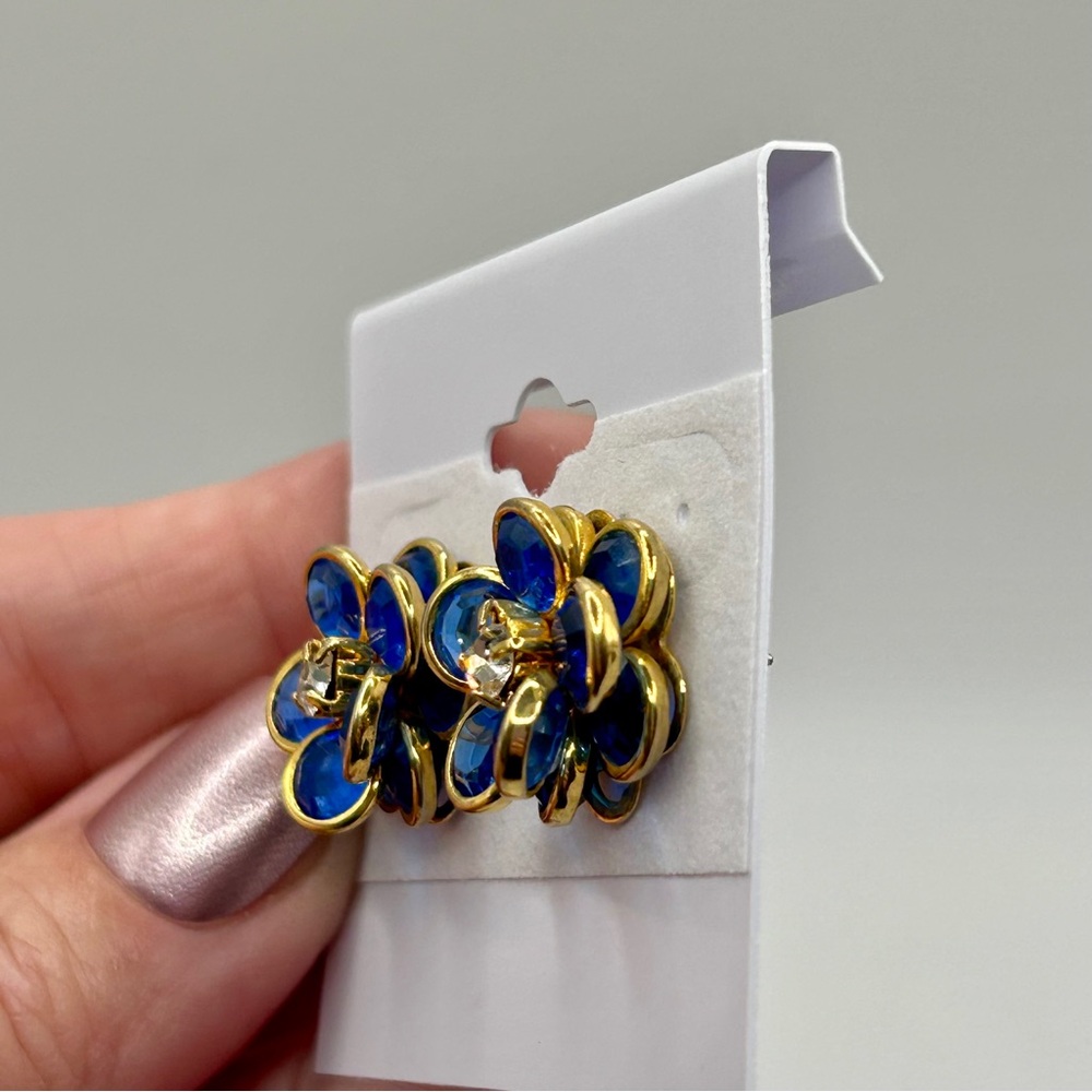 Sparkling Blue and Gold Flower Cluster Earrings - Picture 6 of 12